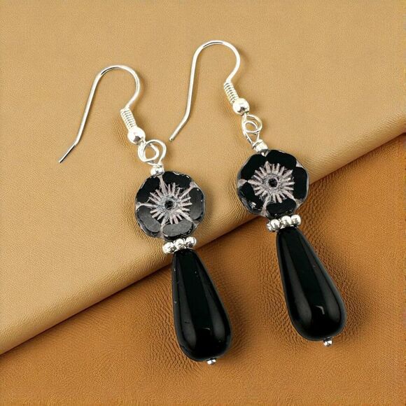Black Hibiscus Flower and Teardrop Earrings - Picture 1 of 7
